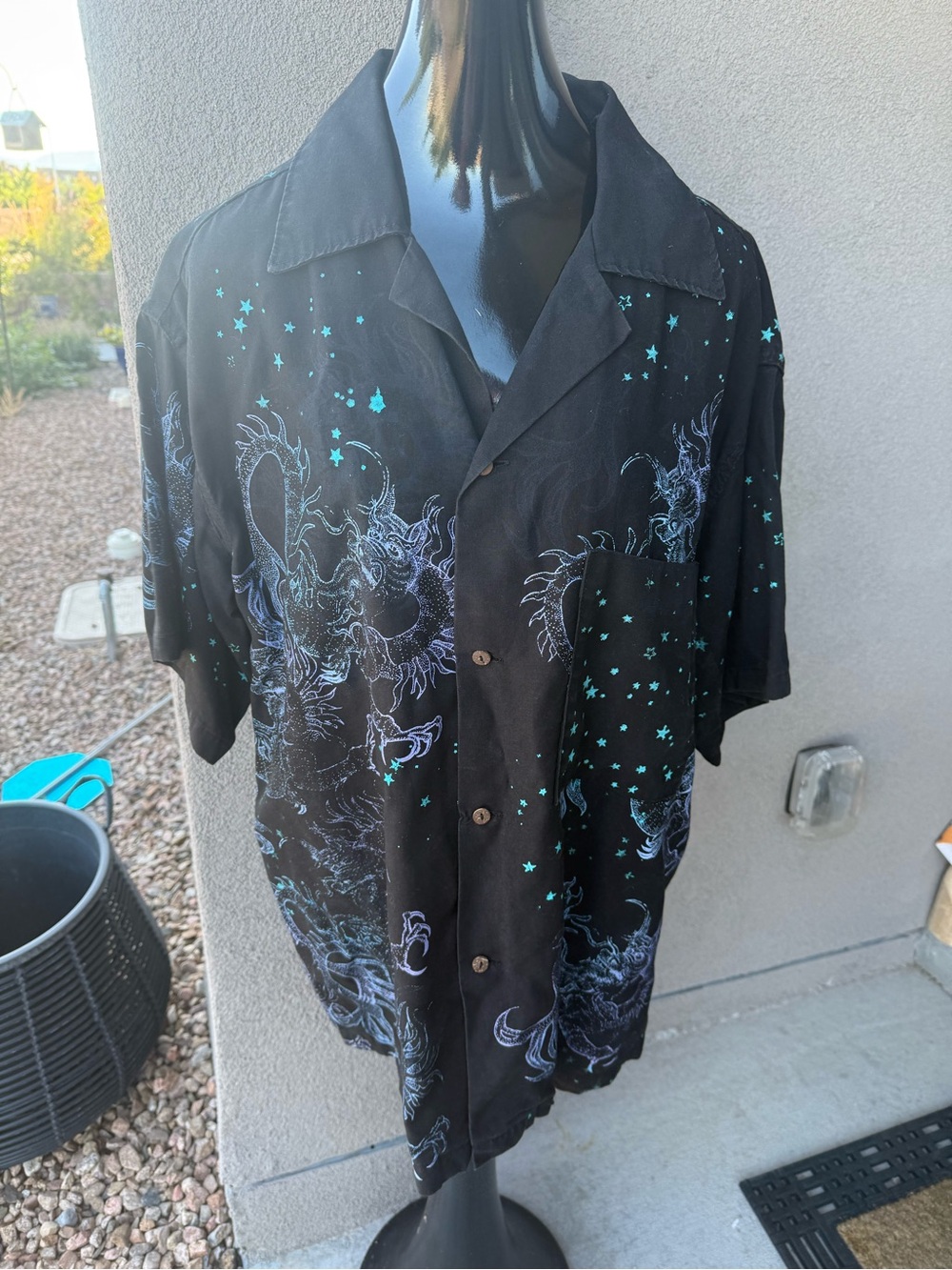Blue Rose Madrid NM Handmade Dragon Star Print Camp Shirt SZ L Block Printed Men